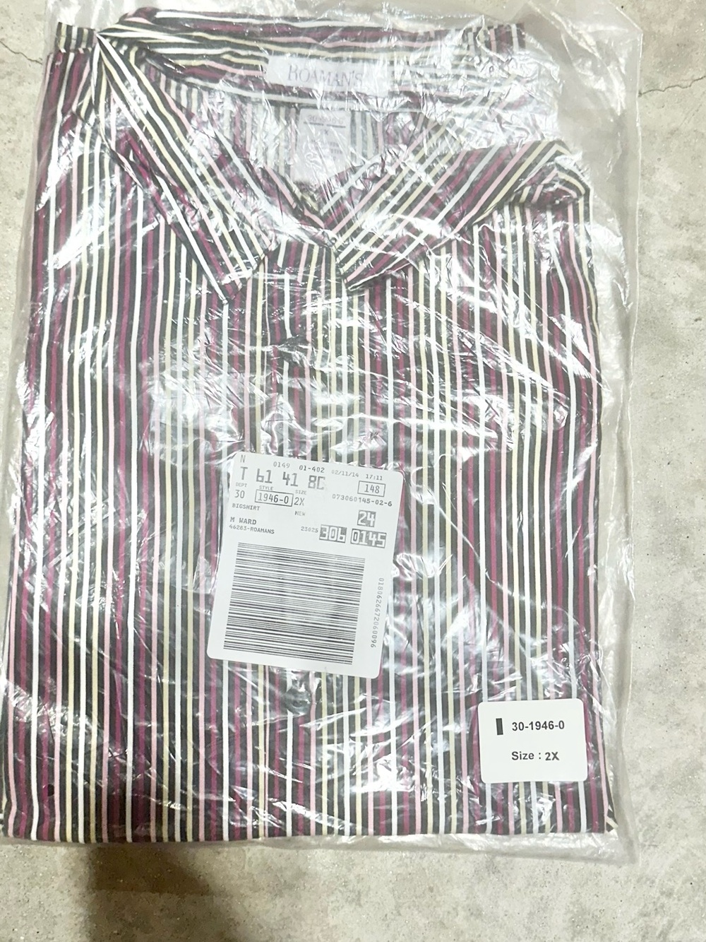 Roaman's Burgundy, Black & White Striped Button-Down Shirt-2X